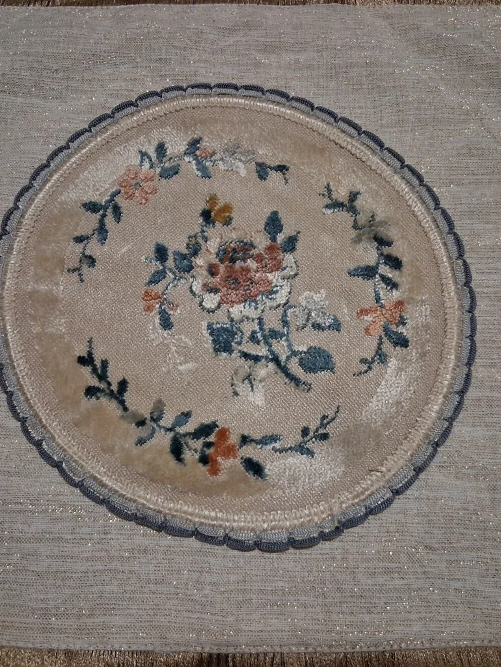 Bose Beige Round Floral Embroidered Placemat with Blue and Peach Accents